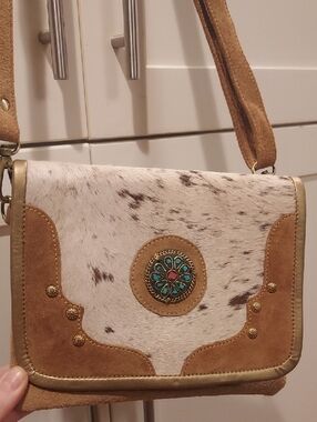 Suede & Haircalf Crossbody Bag with Turquoise Medallion